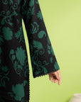 Unstitched digital printed linen shirt and trouser fabric, breathable black and green floral design, perfect for hot weather in Islamabad
