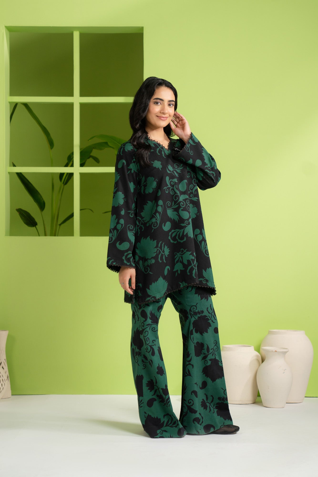 Unstitched digital printed linen suit, black and green floral motifs, latest Pakistani fashion for girls, ideal for Lahore and Karachi