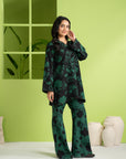 Unstitched digital printed linen suit, black and green floral motifs, latest Pakistani fashion for girls, ideal for Lahore and Karachi