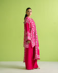 Unstitched digital printed linen suit, vibrant pink floral and geometric motifs, latest Pakistani fashion for girls in Lahore