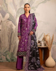 Unstitched printed lawn dress in rich purple, featuring an elegant floral pattern with a contrasting black monark dupatta, perfect for casual summer wear.