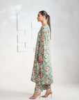 Upgrade your wardrobe with a green 2-piece printed linen suit, available for purchase online