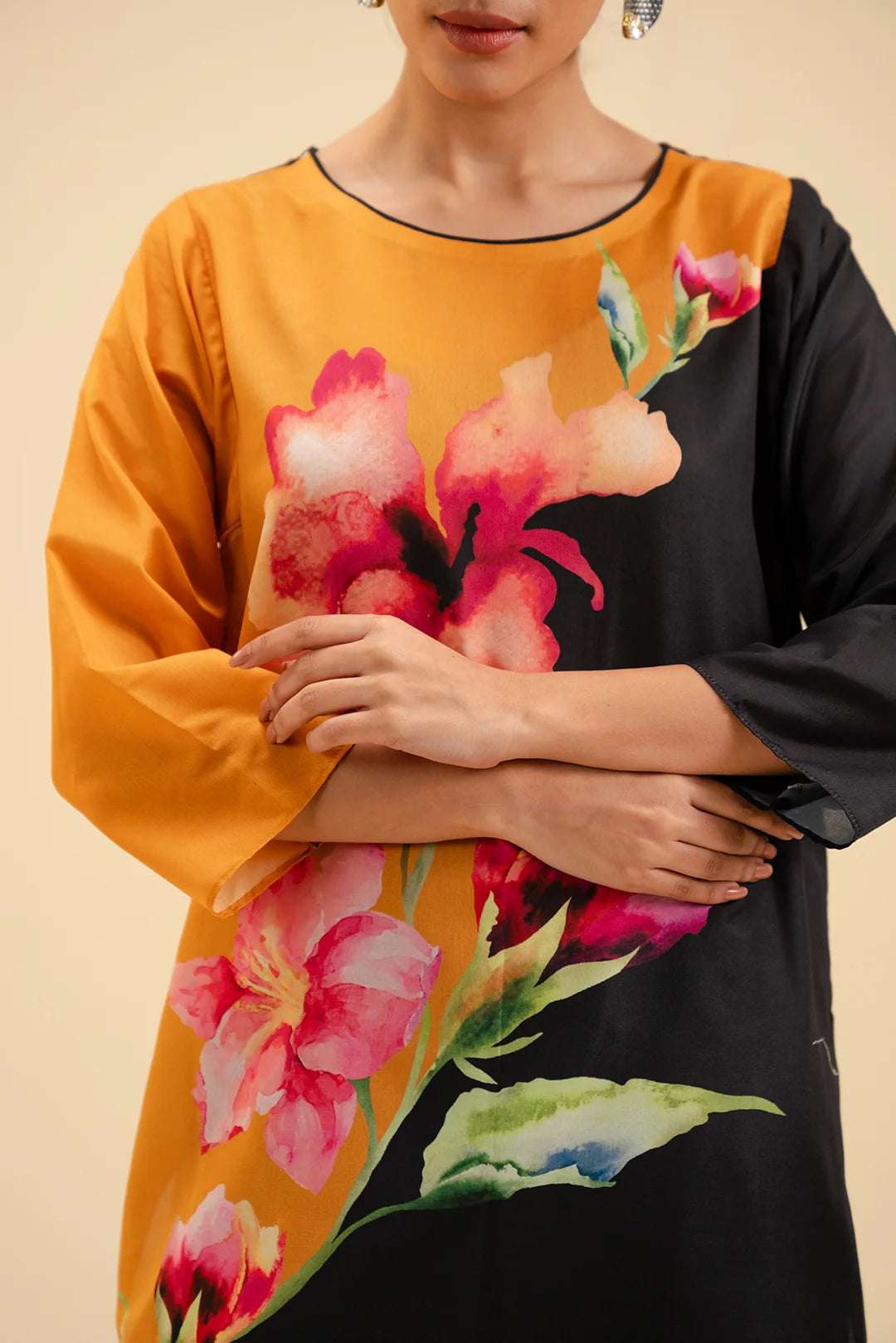 Vibrant Color Block Floral Lawn Shirt for Ladies