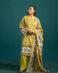 Vibrant Yellow 3 Piece Lawn Suit with Monark Dupatta: This beautifully printed lawn suit features a striking yellow shirt, dyed cambric trousers, and a floral monark dupatta for a refined look.