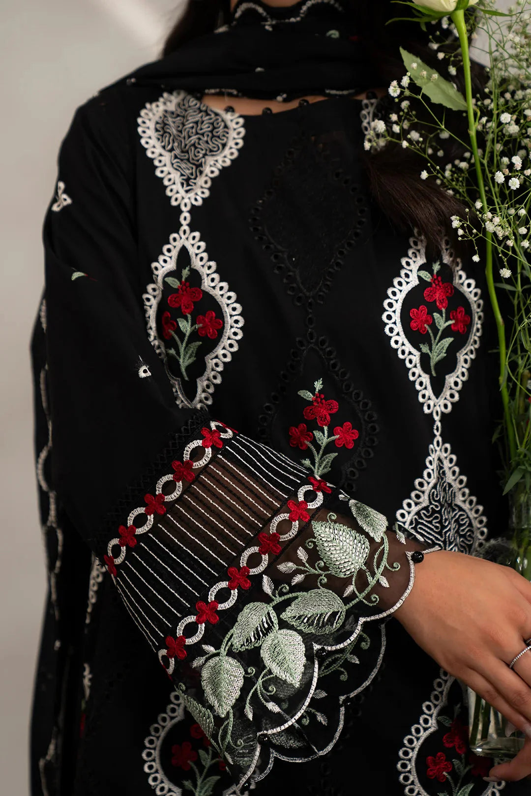 View 3 piece black lawn suit unstitched - monochrome Pakistani women fabric geometric prints