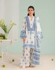 White 3 piece unstitched lawn suit – digital printed shirt with cambric trouser and voile dupatta, summer collection for Pakistani women