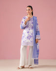 White and Purple 3 Piece Embroidered Lawn Suit in Madina Town Faisalabad – Digital Printed Lawn Shirt with Organza Dupatta