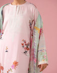 Winter collection linen suit design – peach embroidered 3 piece outfit with digital printed shirt, dyed linen trouser, and chiffon-textured doriya dupatta, ideal for Karachi & Lahore