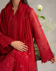Women Embroidered Cotton net Suit in Red Color