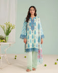 Women’s 3 piece embroidered lawn suit in white with blue prints, unstitched fabric with chiffon dupatta – available online in Peshawar Saddar