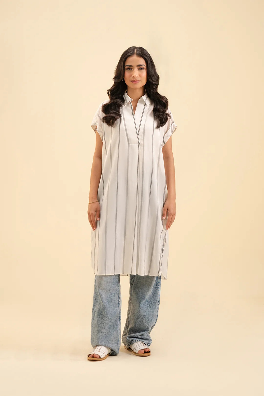Women’s Striped Cotton Midi Shirt – Casual & Chic Long Top for Everyday Wear
