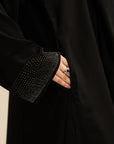Women's black embellished abaya with stone work sleeve – modest fashion Pakistan 2026