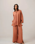 Women's burnt orange co ord set - relaxed fit two piece shirt and trouser set
