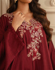 Women's embroidered silk kaftan dress - maroon evening dress with gold sequin embellishments
