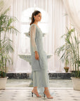 Women's organza dresses - sage green embroidered 3 piece suit with sheer dupatta overlay