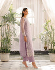 Women's organza suit purple - delicate embroidered 3 piece set with multi-colored detailing