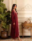 Women's silk kaftan dress - rich maroon embellished evening wear with gold embroidery