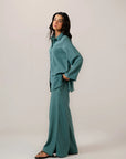 Women's solid color shirt dress - oversized teal tunic blouse with long sleeves