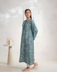 Women’s teal Karandi shirt with floral design, shop this stylish piece online now