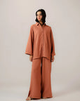 Women's terracotta co ord set - matching shirt and wide leg pants two piece outfit