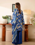 Women’s unstitched cambric suit – elegant blue floral design with digital monark dupatta.