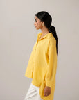 Women's yellow linen-style shirt - loose fitting long sleeve blouse perfect for spring summer