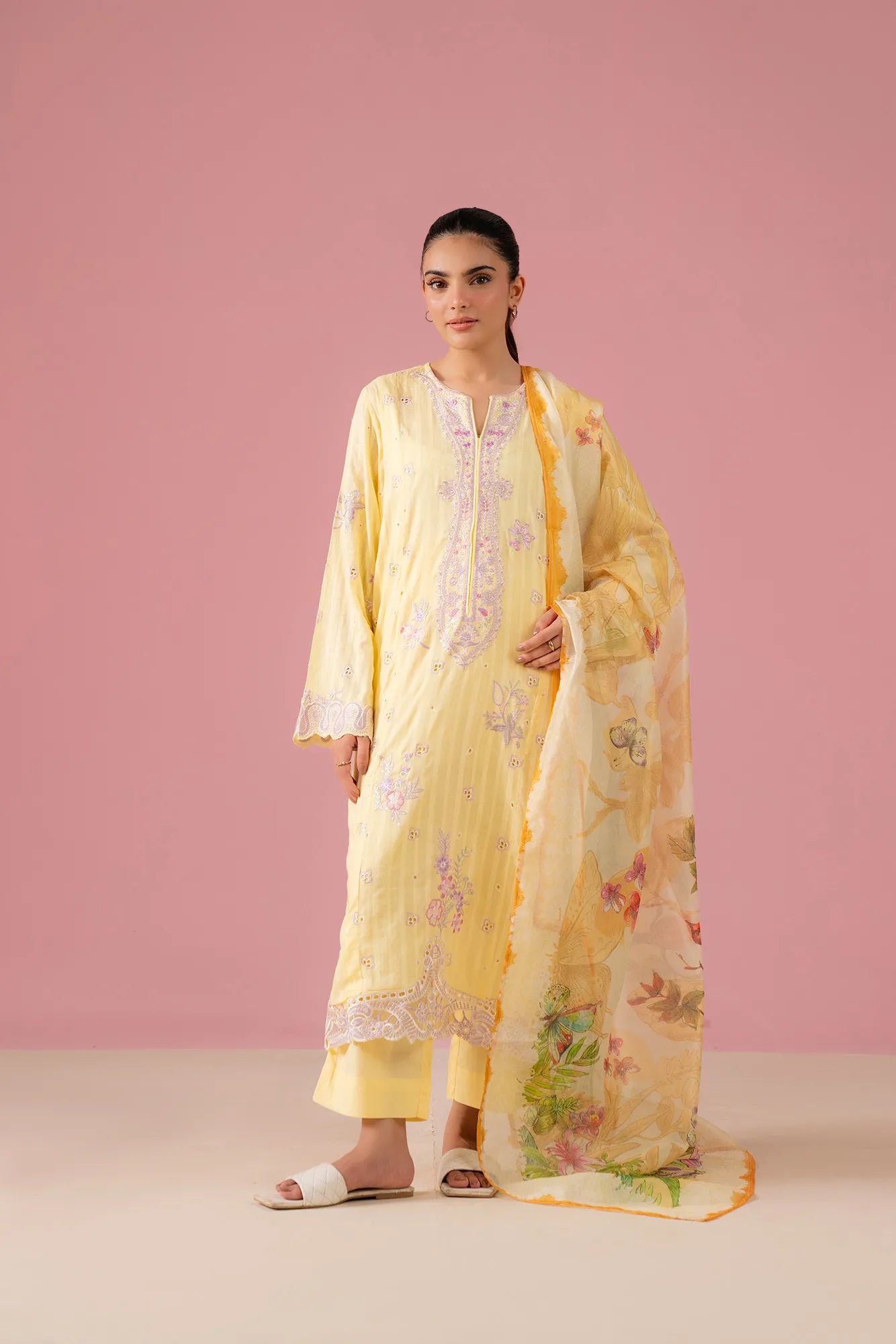 Yellow 3 Piece Embroidered Dobby Lawn Suit with chiffon dupatta – Pakistani summer outfit for women
