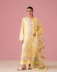 Yellow 3 Piece Embroidered Dobby Lawn Suit with chiffon dupatta – Pakistani summer outfit for women