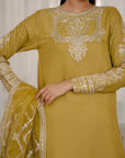 Yellow bridal suit mehndi - 3 piece embroidered raw silk set with sheer organza dupatta