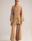 beige embroidered linen 2 piece set for women