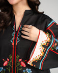 Black printed kurta women detail Pakistan - ethnic multicolor print cambric shirt closeup mother daughter matching outfit