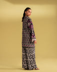 digital printed linen suit for women, 2 piece with black and white ikat pattern, trendy Pakistani dress design for summer