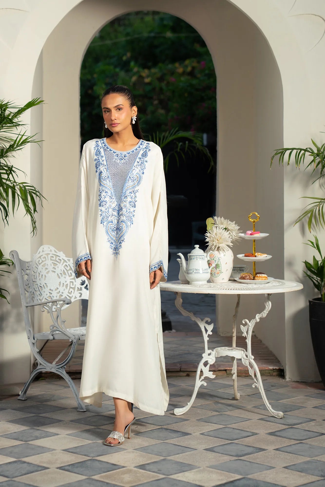 Elegant embroidered silk kaftan from Beyond East winter collection