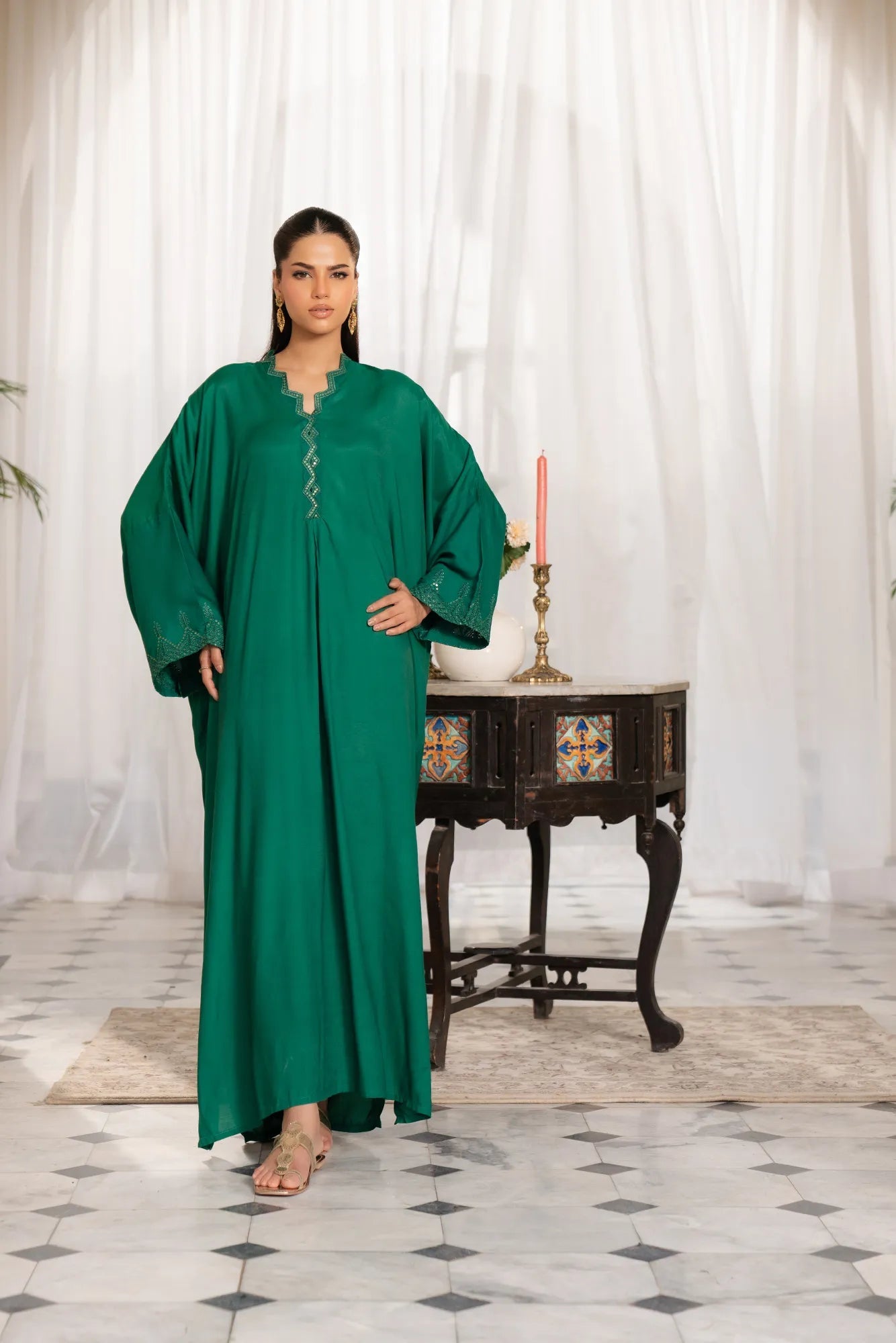 1 Piece Embroidered Raw Silk Kaftan Dress