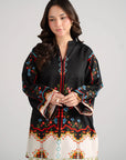 Pakistani black ethnic kurta side view women - printed cambric shirt multicolor embroidery mommy me collection Beyond East pret