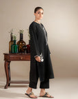 shop black lawn kameez with white embroidered design - premium Pakistani suit for women online