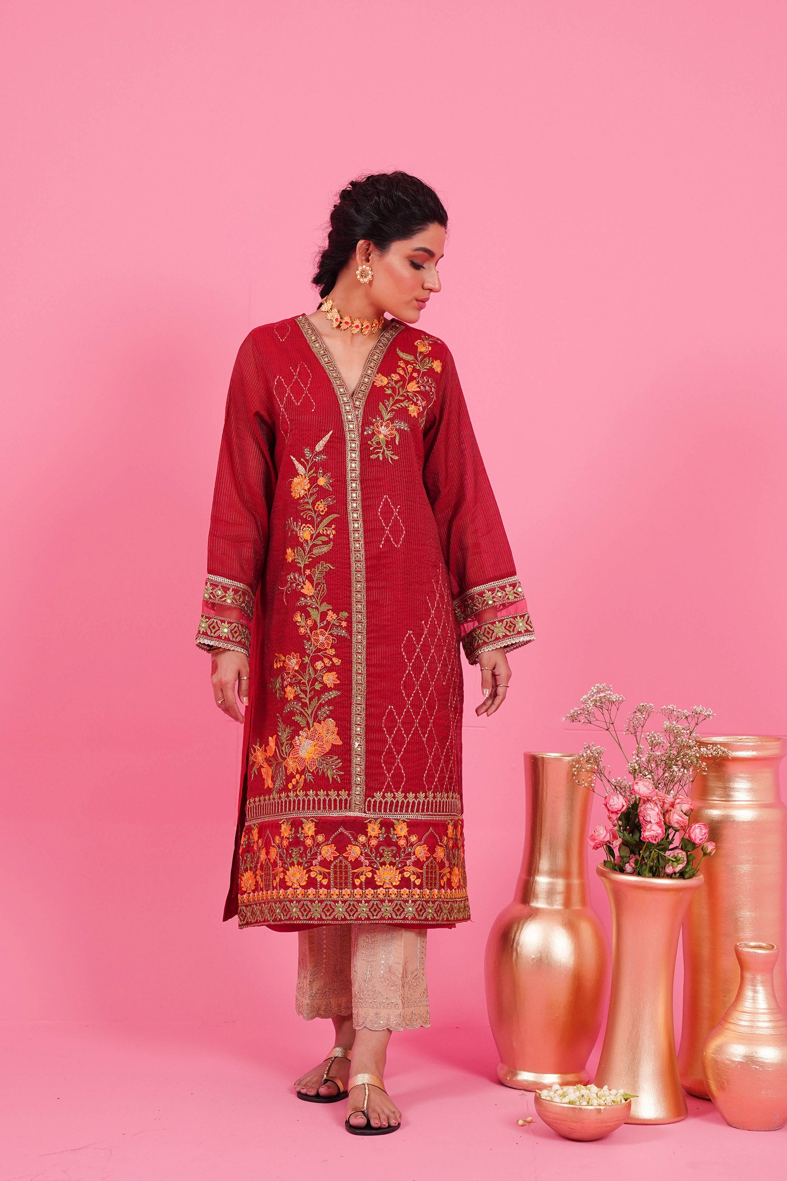 Women’s embroidered khaddar shirt in Red, available online for both casual and formal occasions.