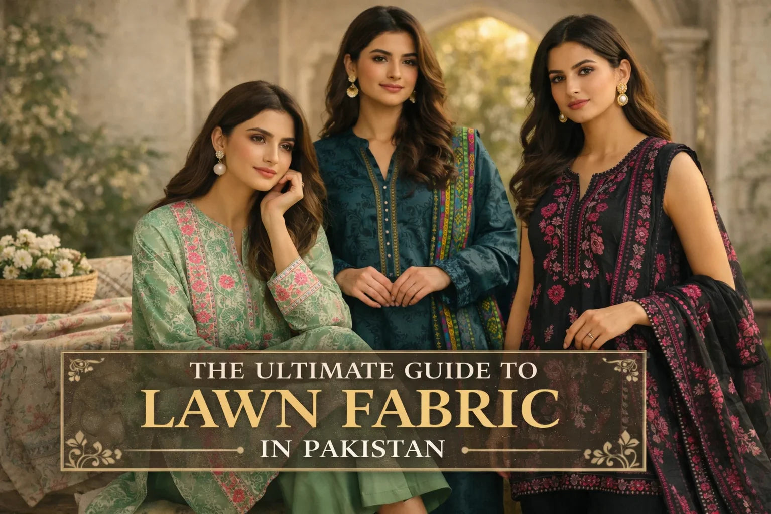 Lawn fabric guide Pakistan: women wearing Pakistani lawn suits with floral prints and embroidery.