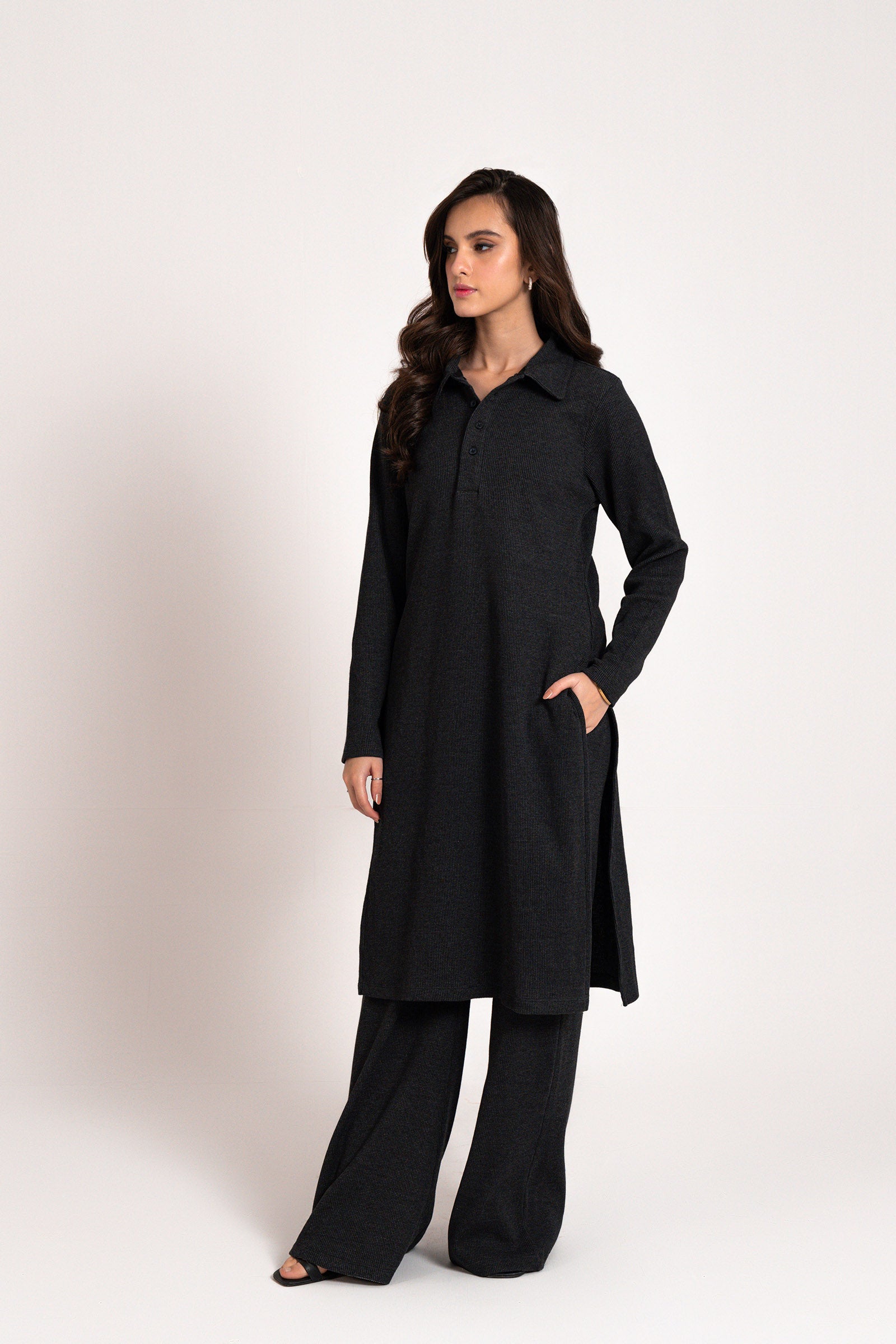 Black Waffle Co Ord Set SUMMER-24