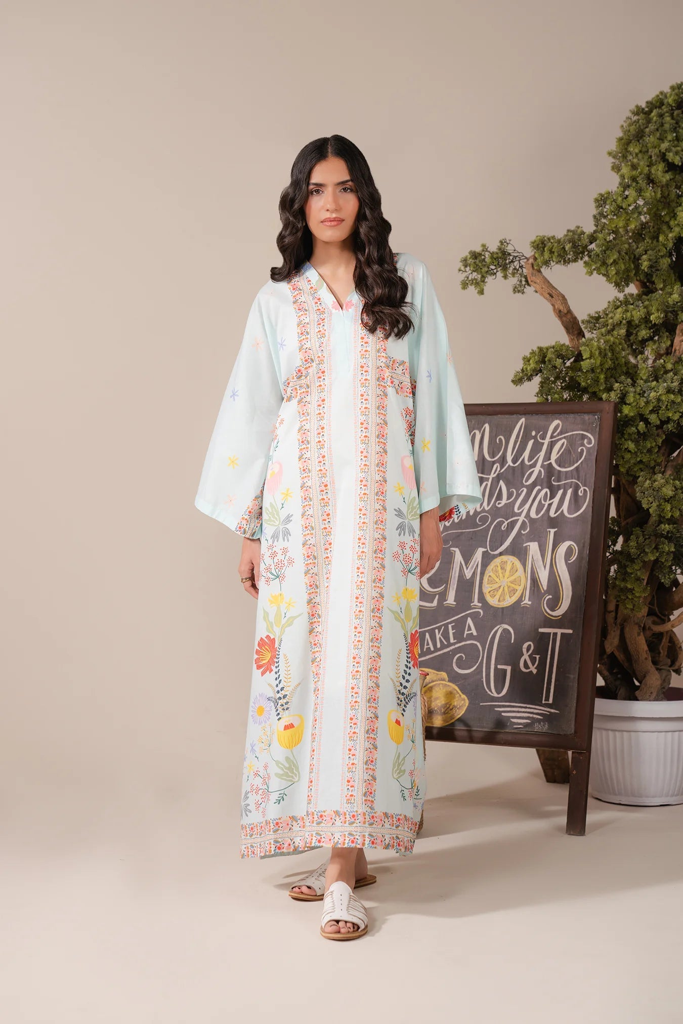 1 Piece Printed Lawn Maxi – Light Blue Floral Kaftan Dress for Summer Wear