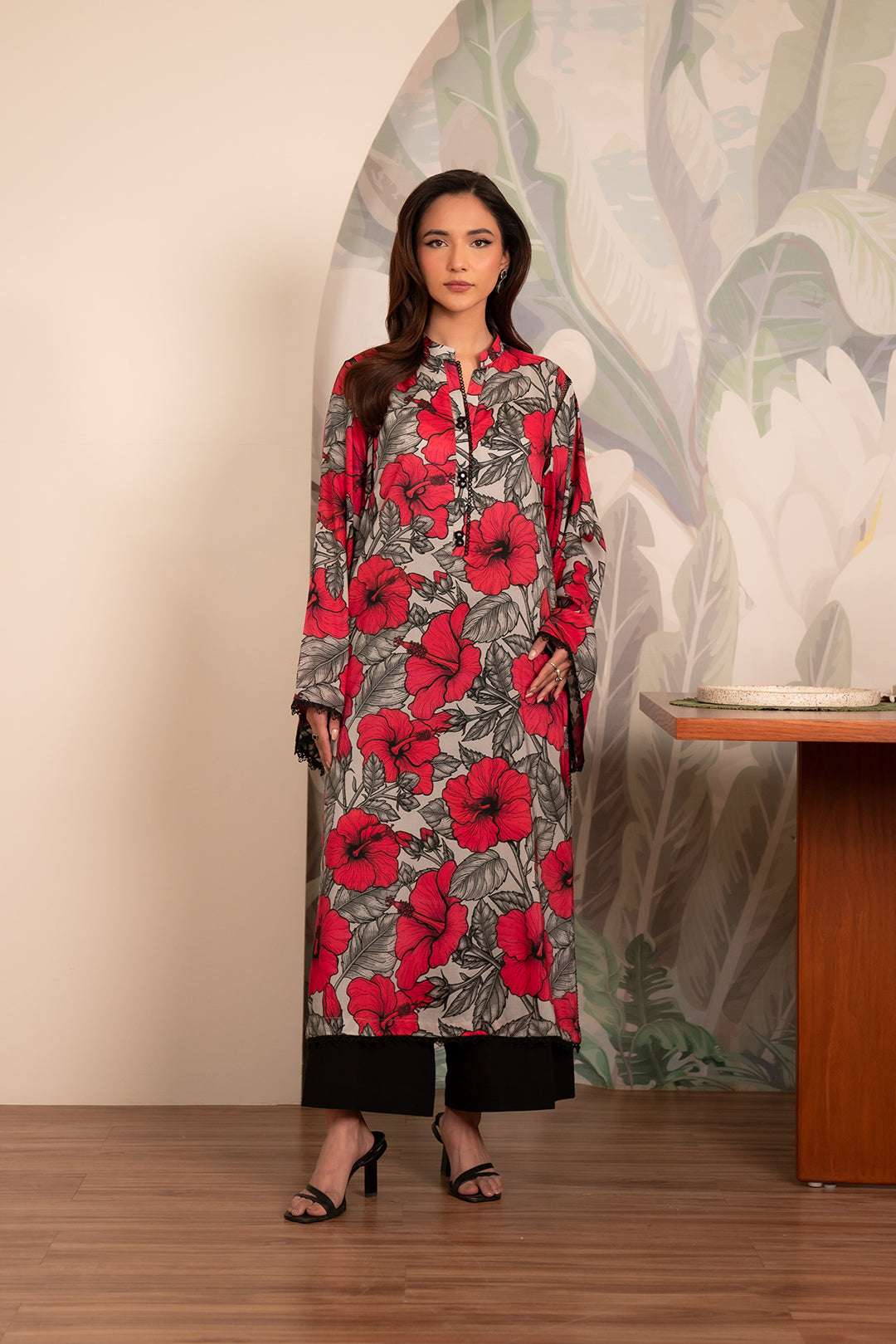 1 Piece Printed Linen Shirt – elegant grey base with bold red floral print, perfect for Pakistani casual wear.