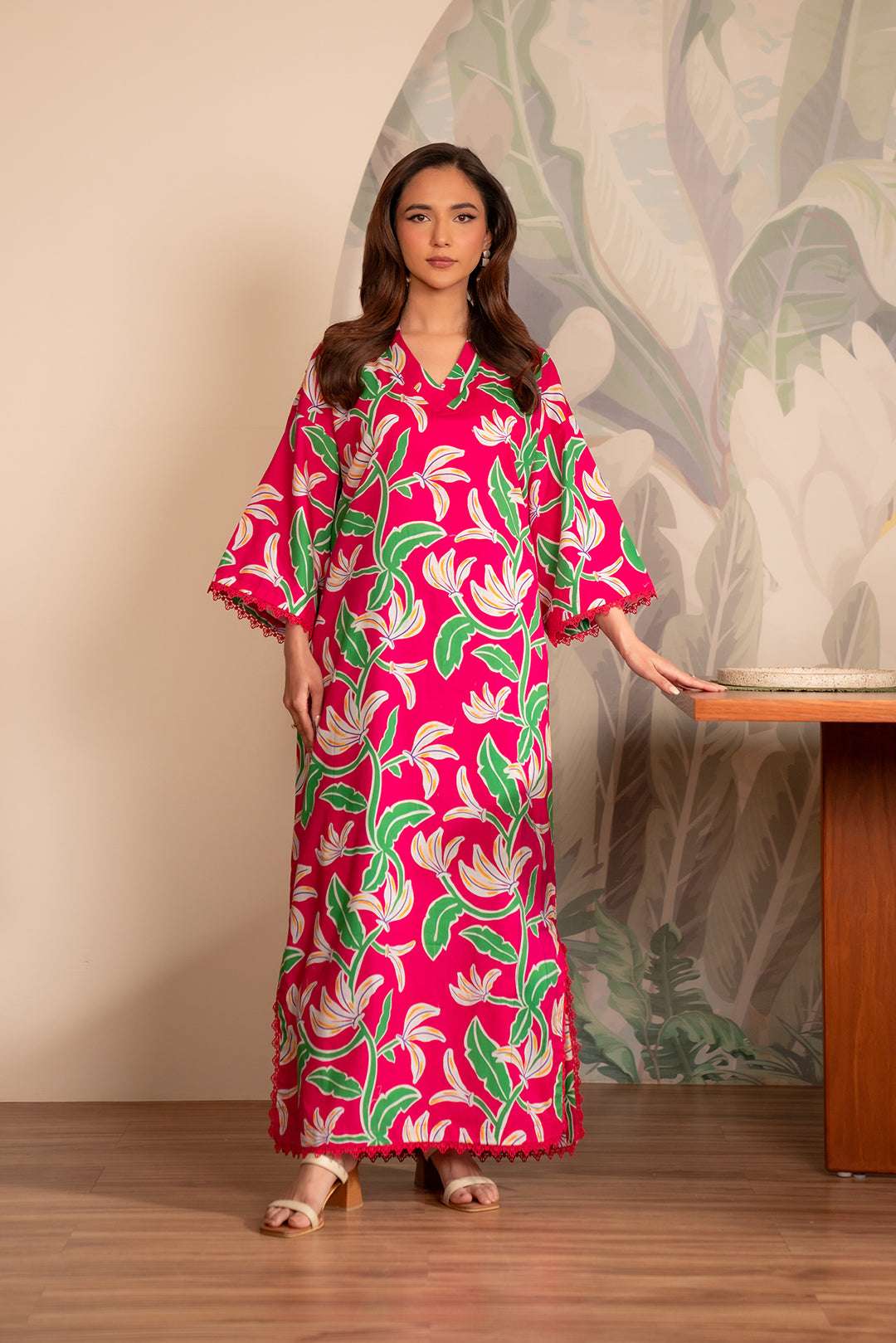 1 Piece Printed Linen Shirt – vibrant pink base with green and white abstract leafy pattern for women.