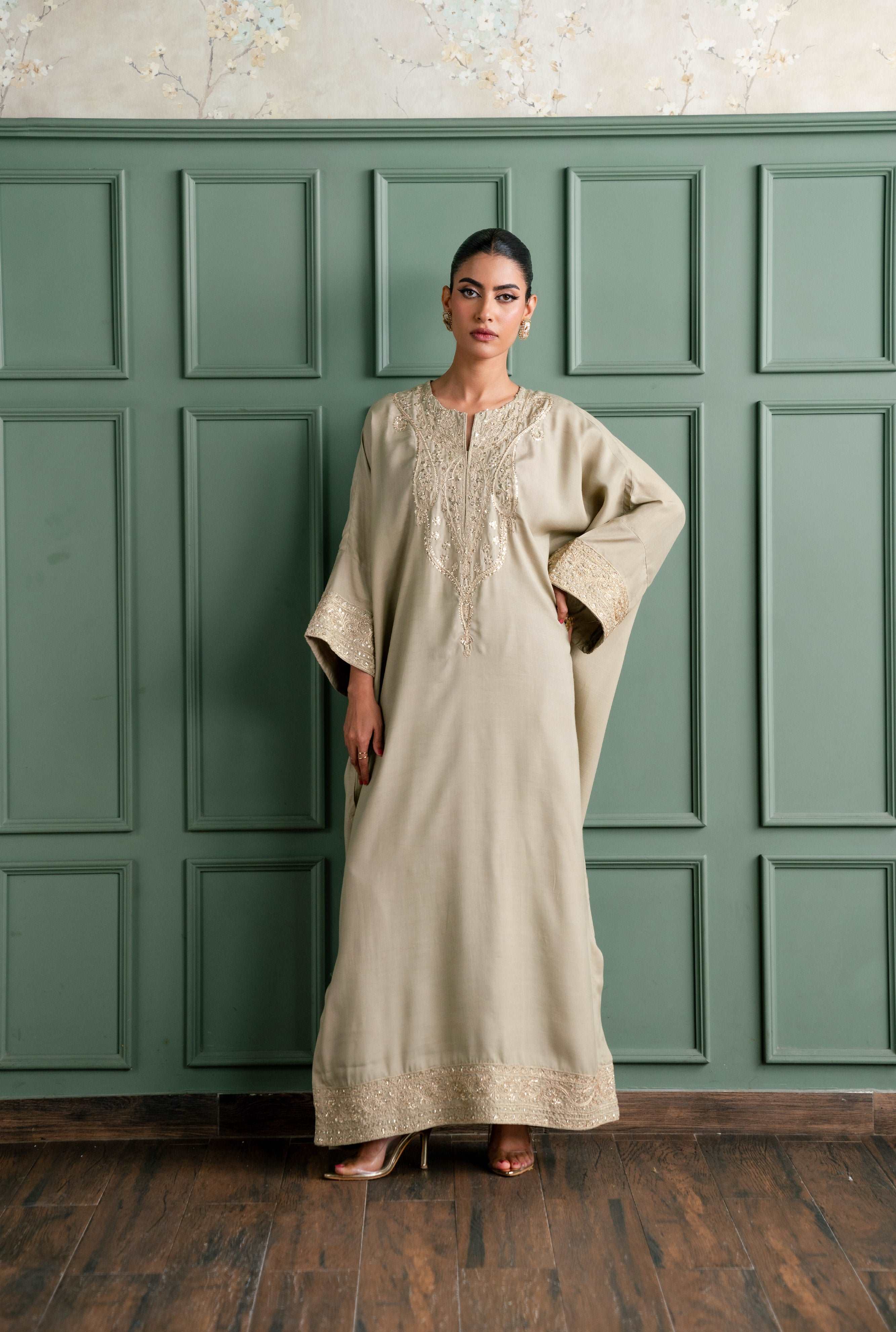 1 Piece Raw Silk Kaftan Skin/beige Color