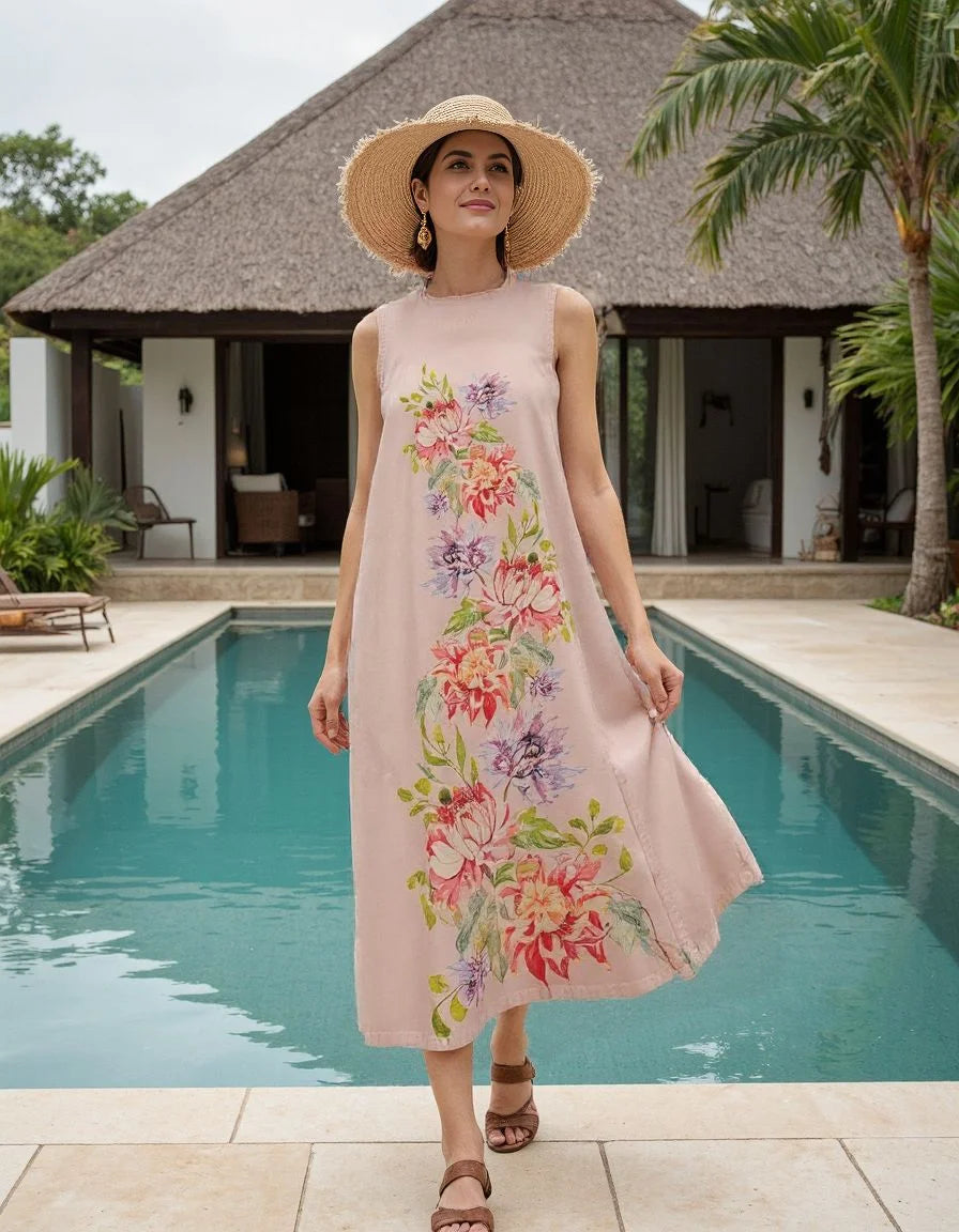 1 Piece sleeveless printed lawn maxi dress for women – lightweight summer wear with floral print, ideal for casual and resort styling in Pakistan