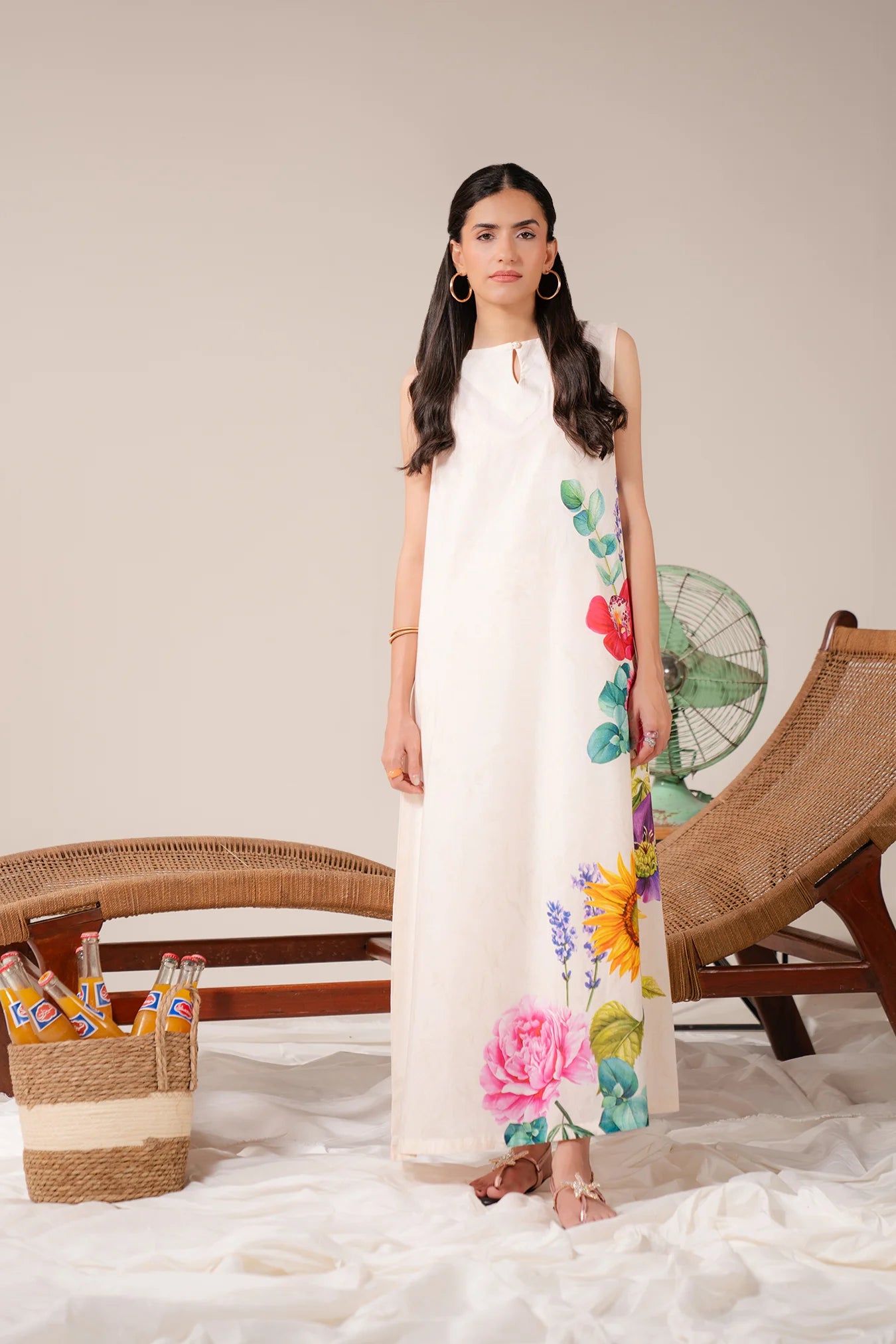 1 piece sleeveless lawn maxi with multicolor floral print – lightweight summer outfit for women, perfect for daily wear and resort fashion