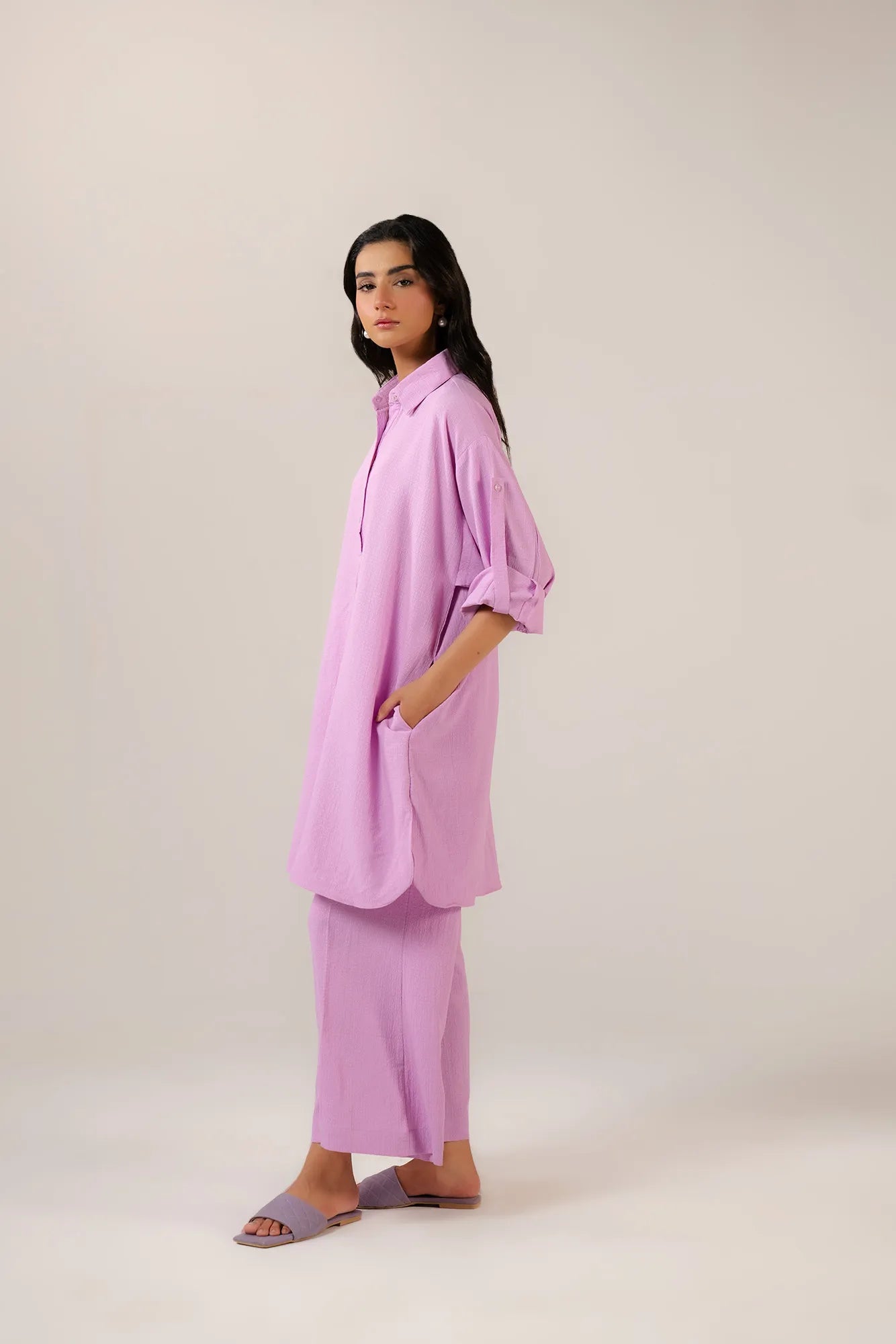 1 piece solid lavender shirt women - relaxed fit blended fabric button down with side pockets