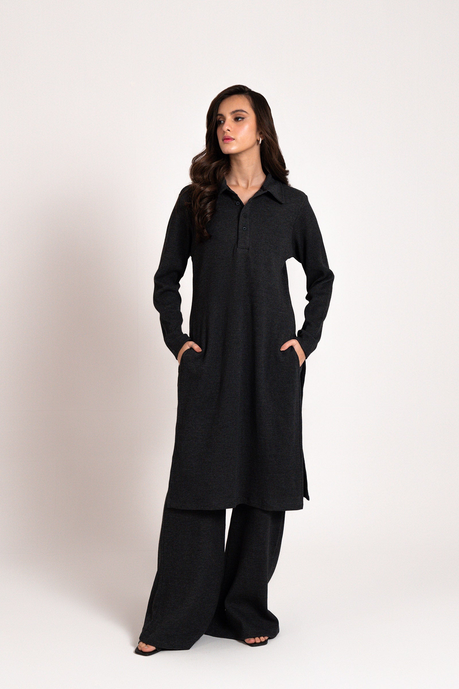 Black Waffle Co Ord Set SUMMER-24