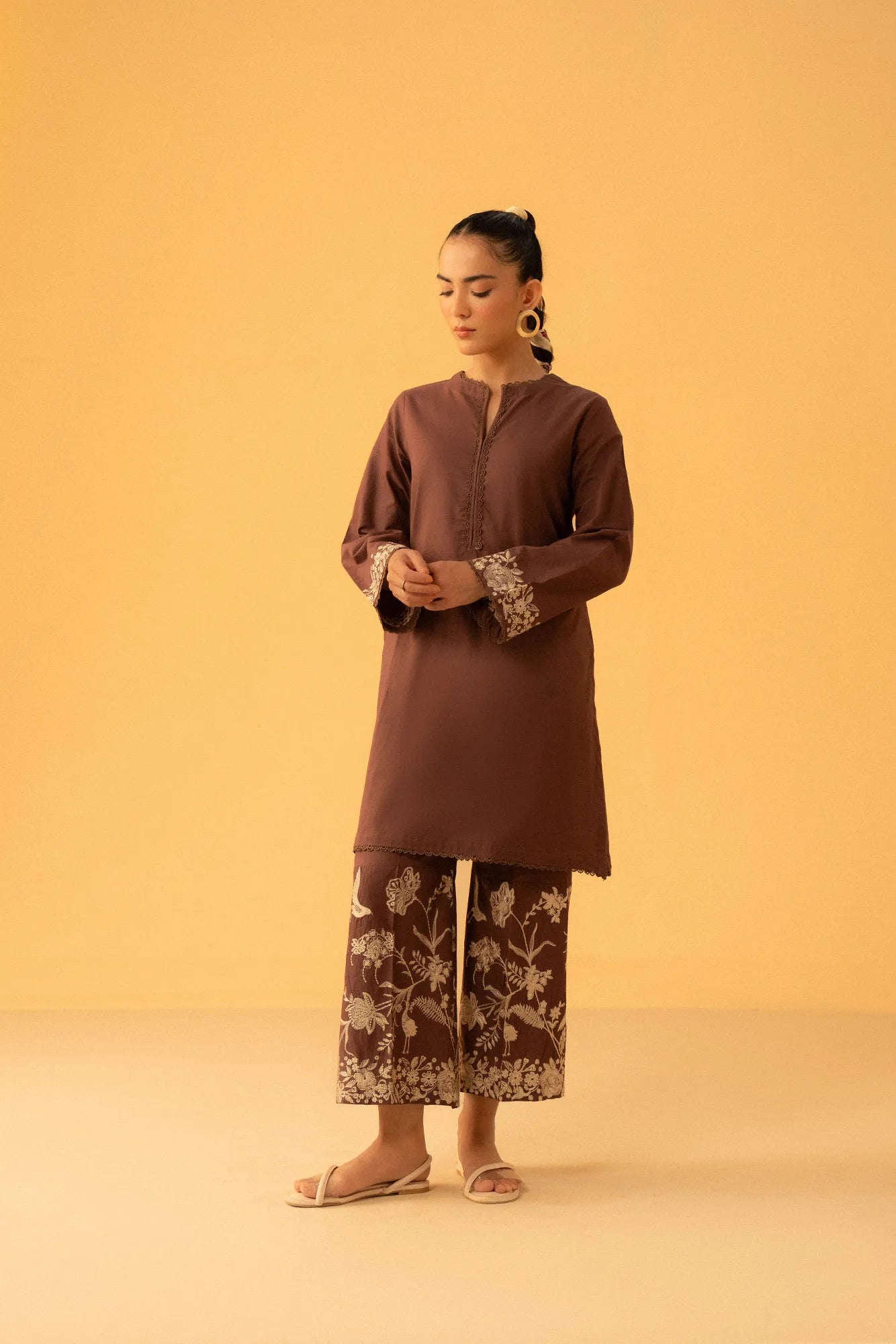 2 Piece Embroidered Cambric Suit for Women in chocolate brown with floral trousers