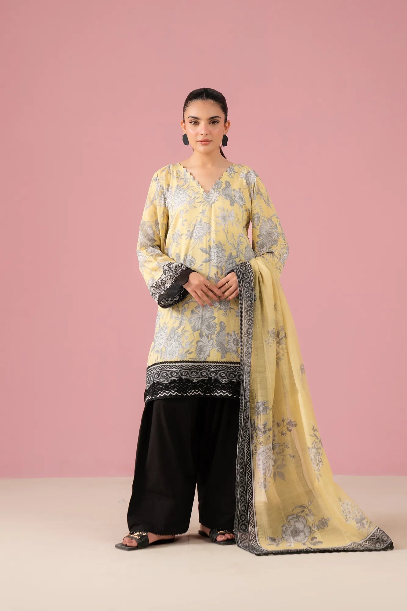 2 Piece Embroidered Linen Suit with digital printed shirt and organza border – popular women’s outfit in DHA Lahore fashion stores