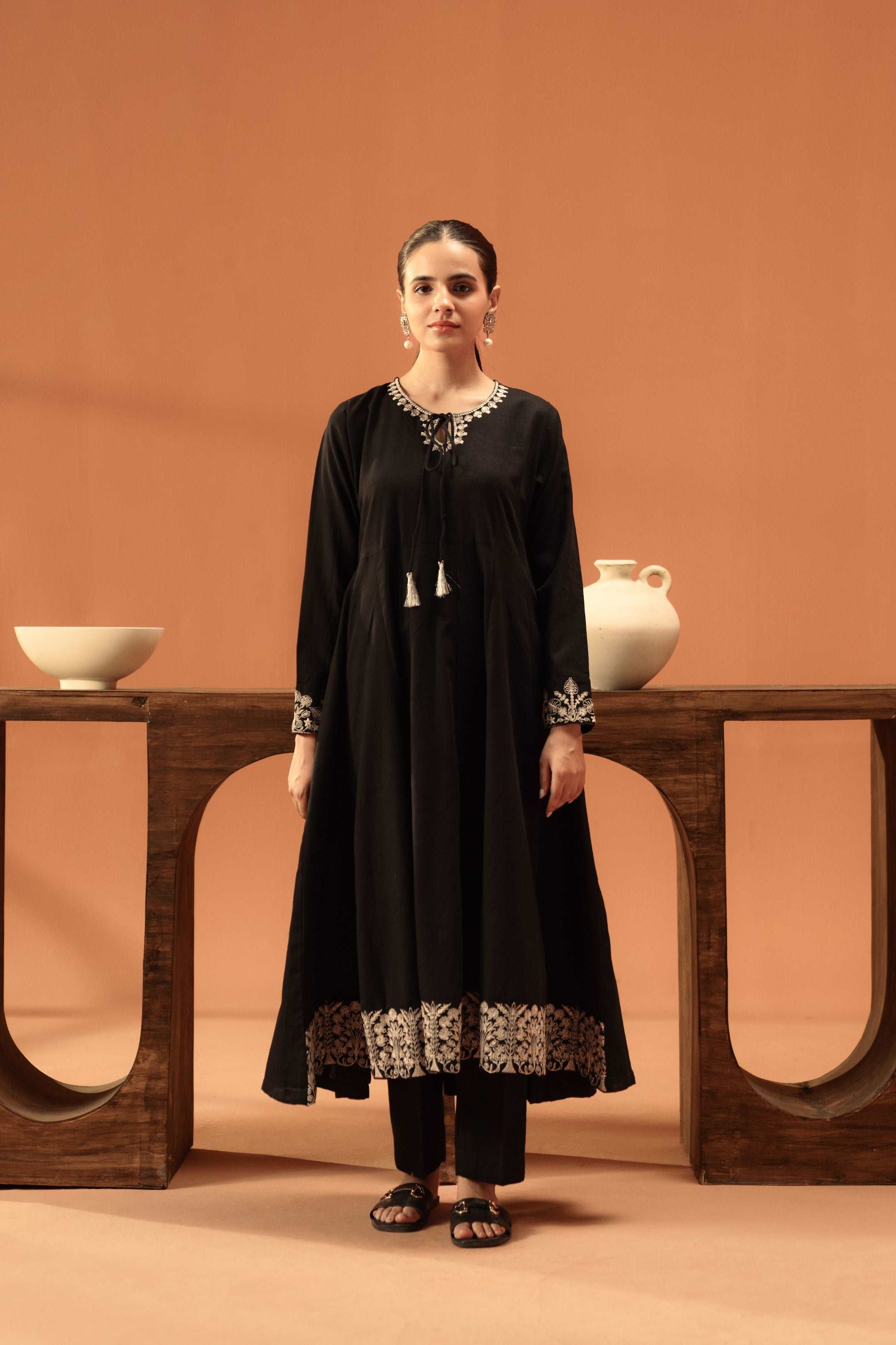 2 Piece Khaddar Suit Frock Black, Front Side